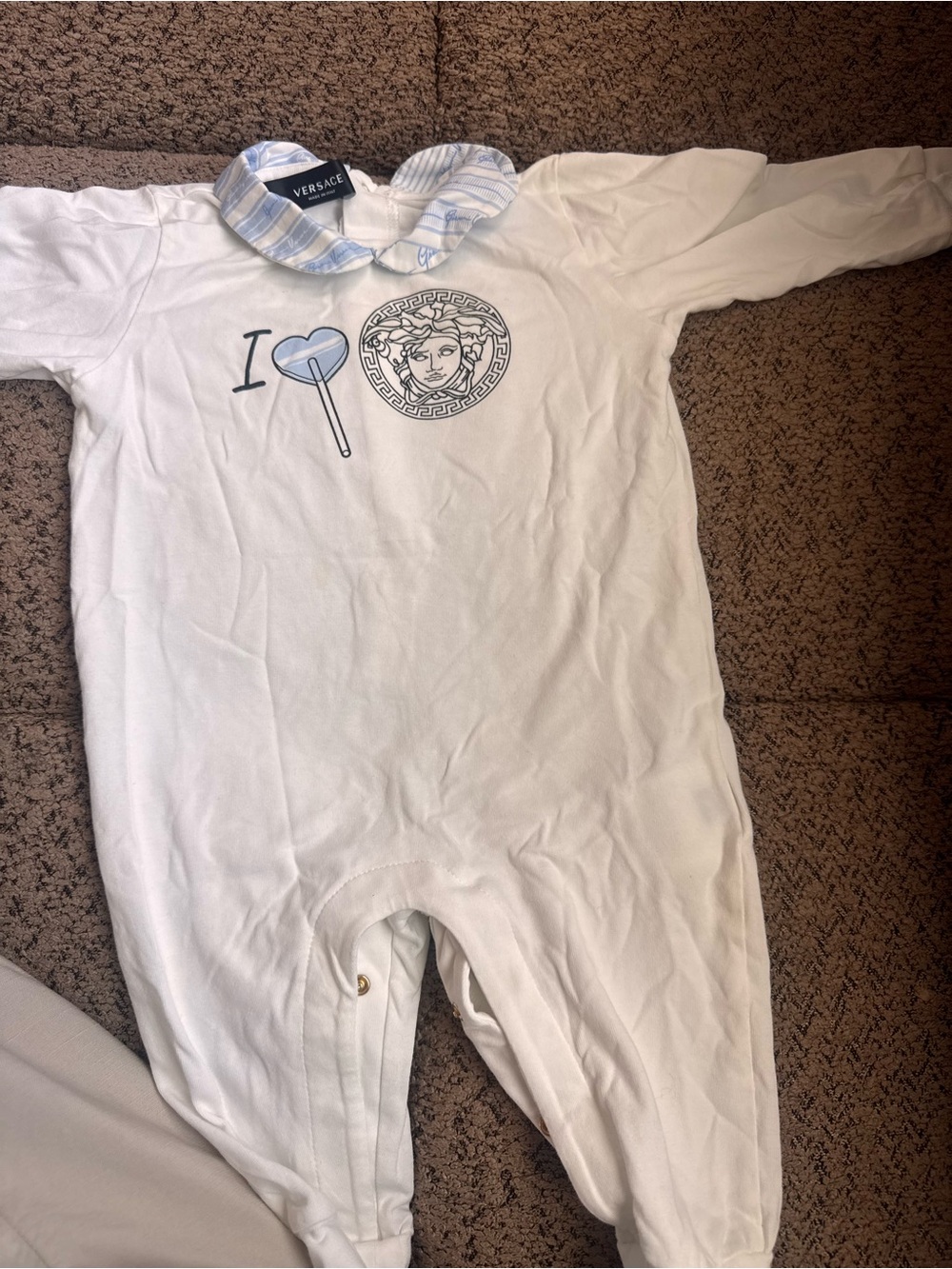 Versace Kids White One-Piece Bodysuit with Light Blue Details